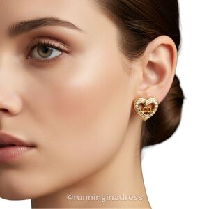 Vintage Christian Dior Gold CD Heart Crystal Earrings With Original Packaging